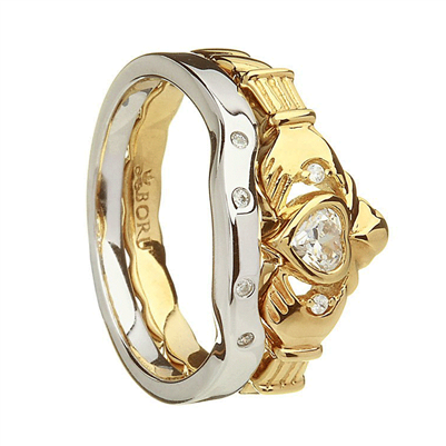 10K Yellow Gold CZ Heavy Claddagh Ring With Sterling Silver Matching CZ Wedding Ring