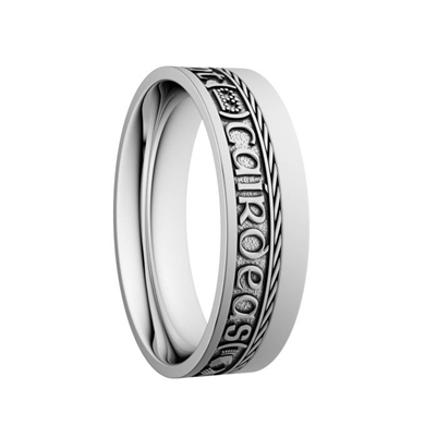 10k White Gold Unisex "Gra, Dilseacht, Cairdeas" Dual Celtic Designs Wedding Ring 7mm