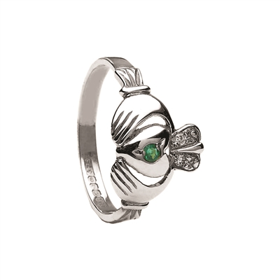 10k White Gold Emerald & Diamond Claddagh Ring 13.4mm