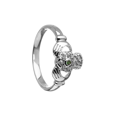 10k White Gold Emerald & Diamond Claddagh Ring 10mm