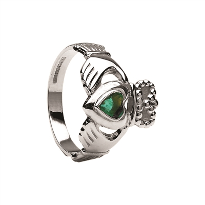 10k White Gold Heart Shaped Emerald Claddagh Ring 13mm