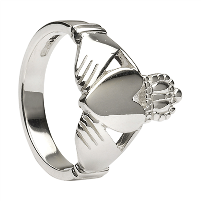 10k White Gold No.26 Style Heavy Men's Claddagh Ring 15.3mm