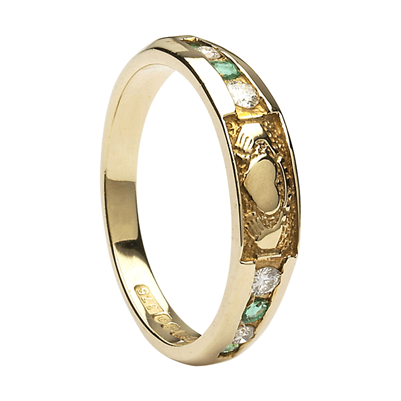 10k Yellow Gold Diamond & Emerald Ladies Claddagh Eternity Ring 4.4mm