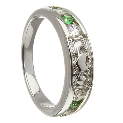 10k White Gold Diamond & Emerald Ladies Claddagh Eternity Ring 4.4mm