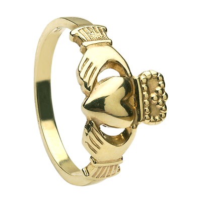 14k Yellow Gold Heavy Maids Claddagh Ring 10mm