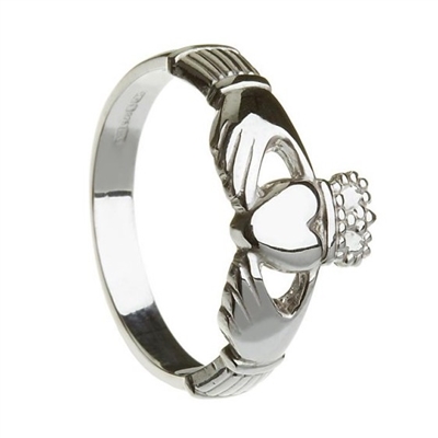 14k White Gold Heavy Maids Claddagh Ring 10mm