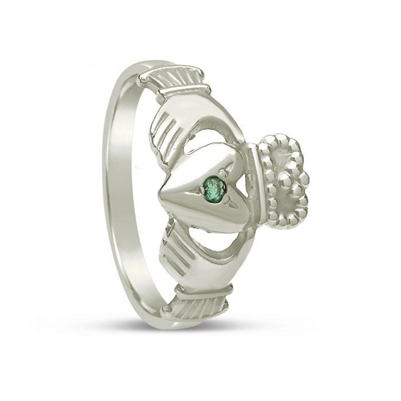 10k White Gold Emerald Maids Claddagh Ring 10mm