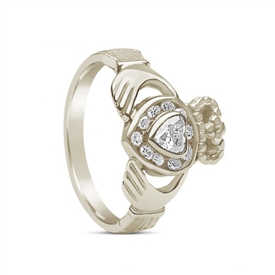 10k White Gold Diamond Set Heart Claddagh Ring 12.4mm