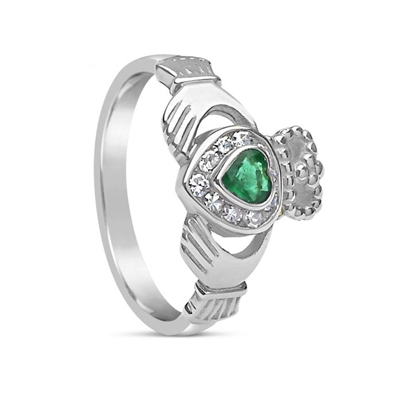 10k White Gold Diamond & Emerald Claddagh Ring 12.4mm