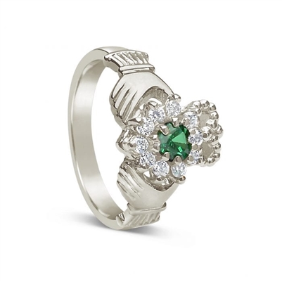 10k White Gold Diamond & Emerald Claddagh Ring 12.2mm