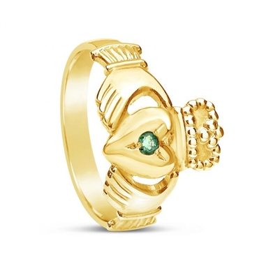 10k Yellow Gold Ladies Emerald Claddagh Ring 12.7mm