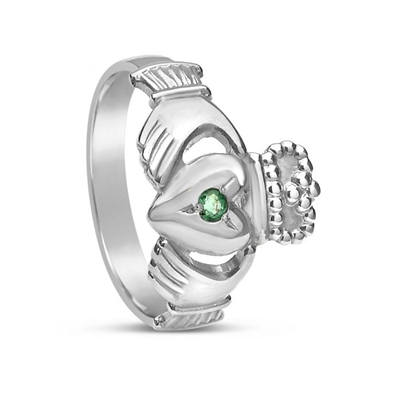 14k White Gold Ladies Emerald Claddagh Ring 12.7mm