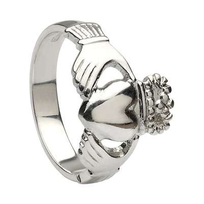 10k White Gold No.5 Style Heavy Men's Claddagh Ring 14mm