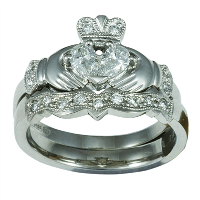 14k White Gold Diamond Claddagh Engagement and Wedding Ring Set