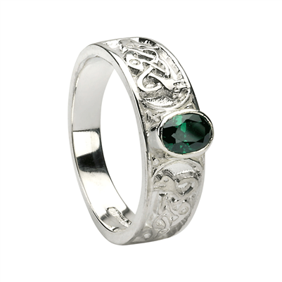 10k White Gold Green CZ Ladies Celtic Ring