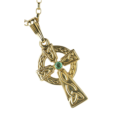 14k Yellow Gold Small Emerald Celtic Cross 19mm