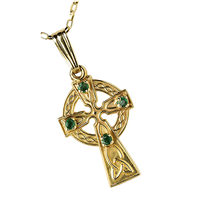 10k Yellow Gold Small 4 Emerald's Celtic Cross 19mm