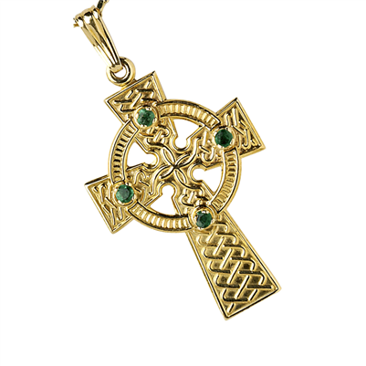 10k Yellow Gold Medium 4 Emerald's Celtic Cross 27.2mm