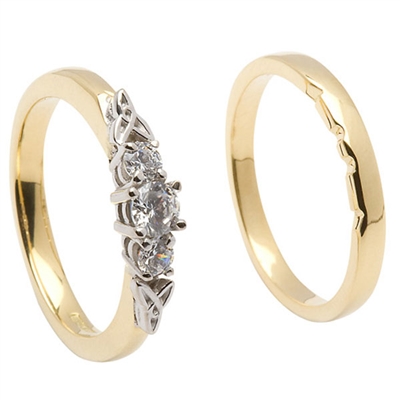 14k Yellow Gold 3 Stone Diamond Celtic Engagement Ring & Wedding Ring Set