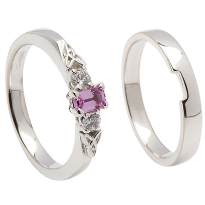 14k White Gold Pink Sapphire & Diamond Trinity Knot Celtic Engagement Ring & Wedding Ring Set