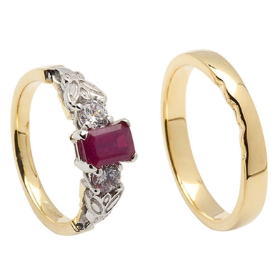 14k Yellow Gold Ruby & Diamond Trinity Knot Celtic Engagement Ring & Wedding Ring Set