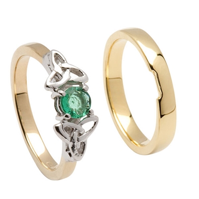 14k Yellow Gold Emerald Trinity Knot Celtic Engagement Ring & Wedding Ring Set