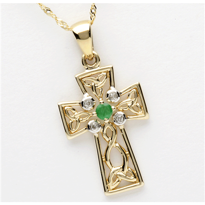 14k Yellow Gold Small Diamond & Emerald Celtic Cross 25mm