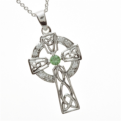 Sterling Silver Small Green & White CZ's Celtic Cross 26mm