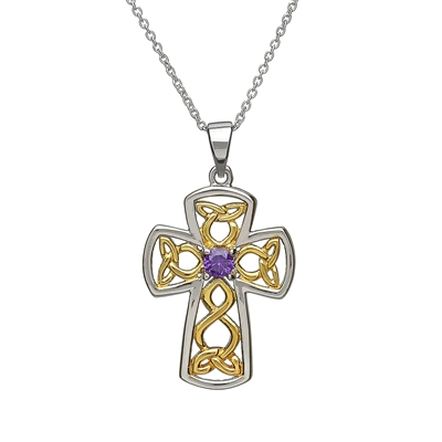 Sterling Silver & Gold Plated Amethyst CZ Small Celtic Cross 27mm