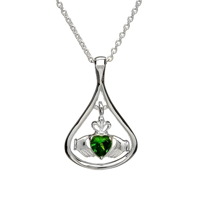 Sterling Silver With Green CZ Claddagh Pendant