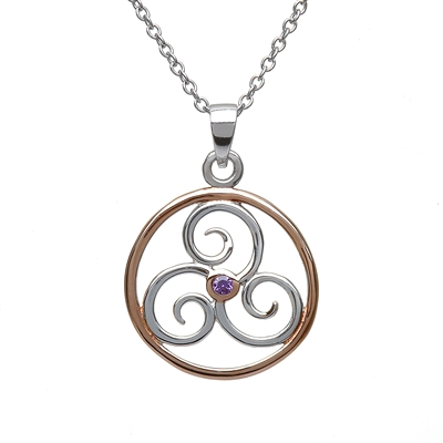 Sterling Silver Celtic Spirals CZ Amethyst Pendant With Rose Gold Plated Accents