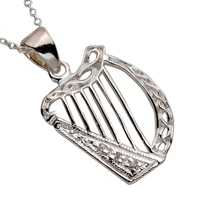 Sterling Silver Harp Celtic Pendant With CZ's