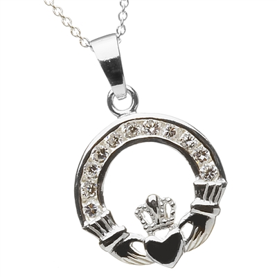 Sterling Silver Round CZ Claddagh Pendant