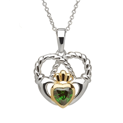 Sterling Silver With Green CZ Rope Claddagh Pendant