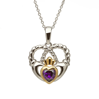 Sterling Silver With Amethyst CZ Rope Claddagh Pendant