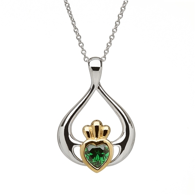 Sterling Silver With Green CZ Claddagh Pendant