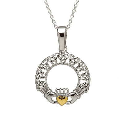 Sterling Silver Trinity Knot Claddagh Pendant With Gold Plated Heart