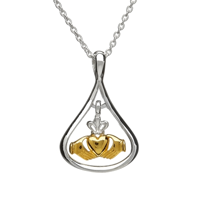 Sterling Silver Claddagh Pendant With Yellow Gold Plated Accents