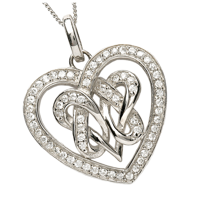 Sterling Silver CZ Encrusted Double Heart Celtic Pendant
