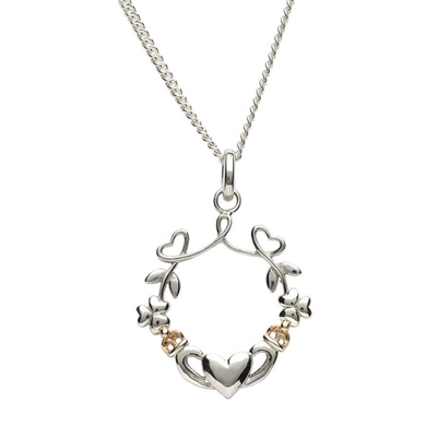 Sterling Silver Heart, Shamrock & Claddagh Pendant