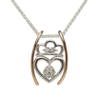 Sterling Silver Rose Gold Plated Claddagh Pendant With Cubic Zirconia's