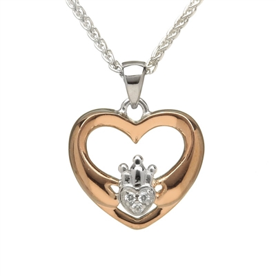 Sterling Silver & Rose Gold Plated Heart Shaped Claddagh Pendant with Cubic Zirconia