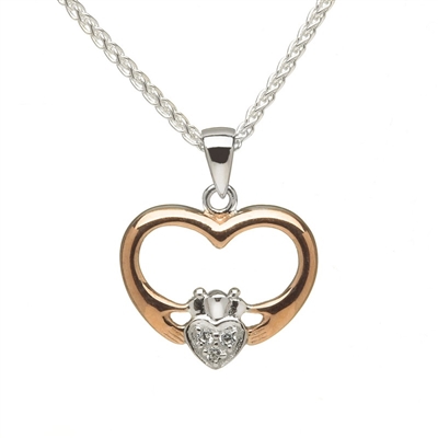 Sterling Silver & Rose Gold Plated Heart Shaped Claddagh Pendant with Cubic Zirconia