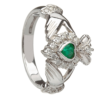 14k Ladies White Gold Cluster Diamond and Emerald Claddagh Ring 13mm