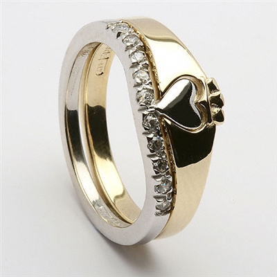 14k Gold 2 Tone Diamond Claddagh Ring 7mm