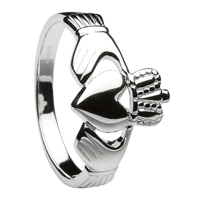 14k White Gold Traditional Heavy Men's Claddagh Ring 14.3mm