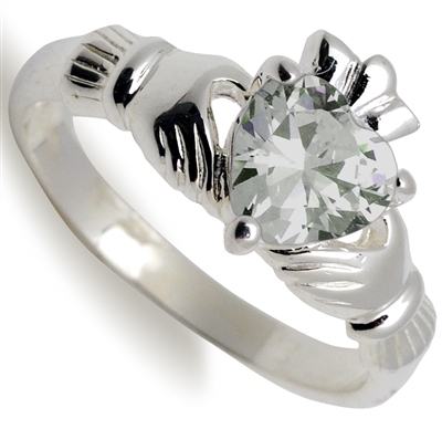 Sterling Silver Ladies Stone Set CZ Claddagh Ring
