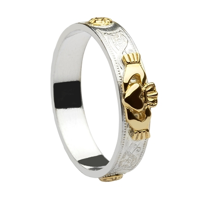 Sterling Silver Ladies Claddagh Ring With 14k Yellow Gold Accents