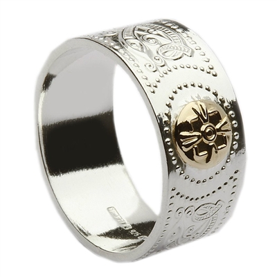 Sterling Silver Ardagh Men's Celtic Ring With 14k Gold Beads 9mm