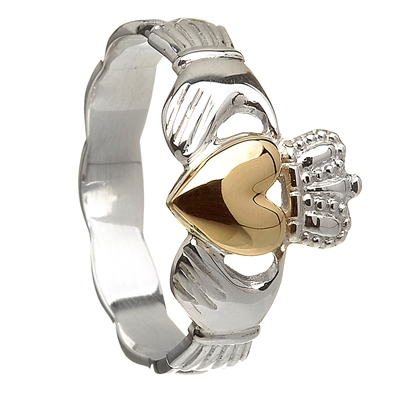 Sterling Silver Ladies Claddagh Ring With 10k Yellow Gold Heart 11mm